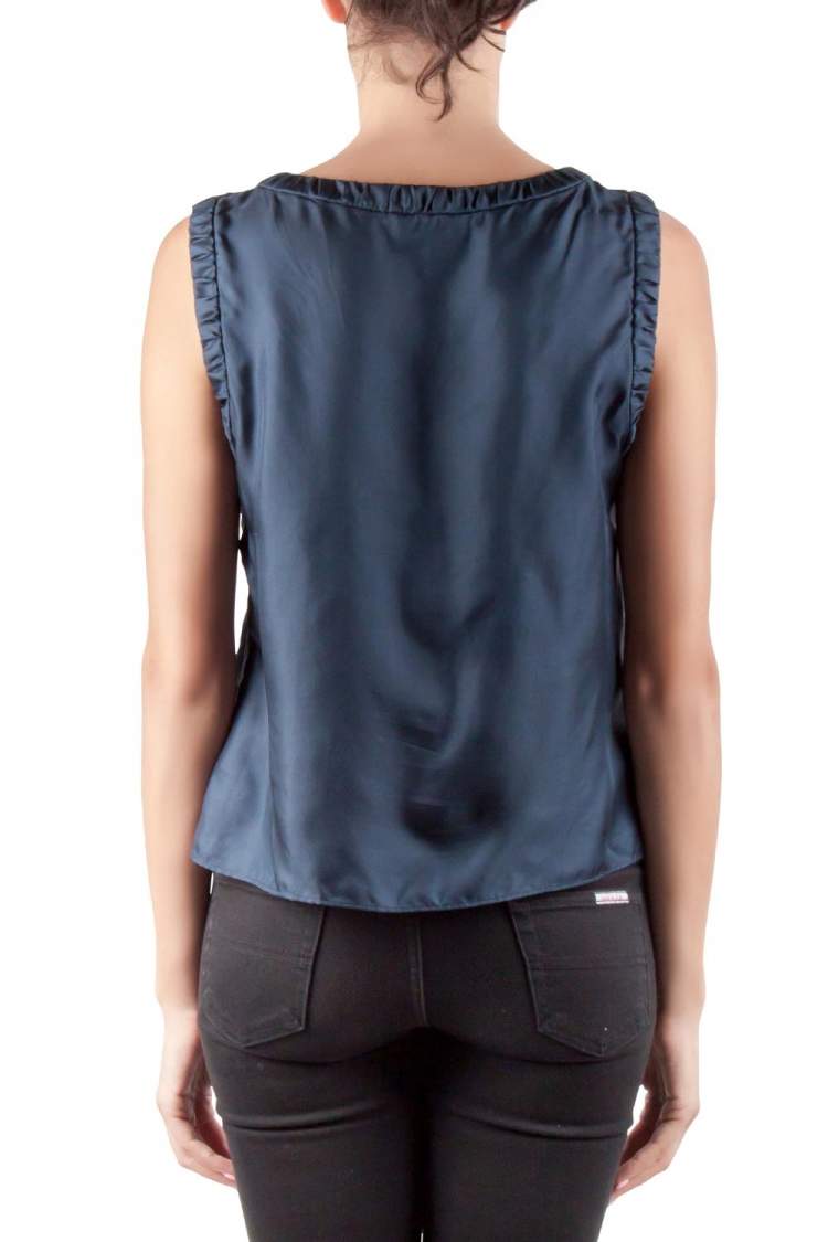 Pre Owned Salvatore Ferragamo Blue Silk Pleated Sleeveless Top L