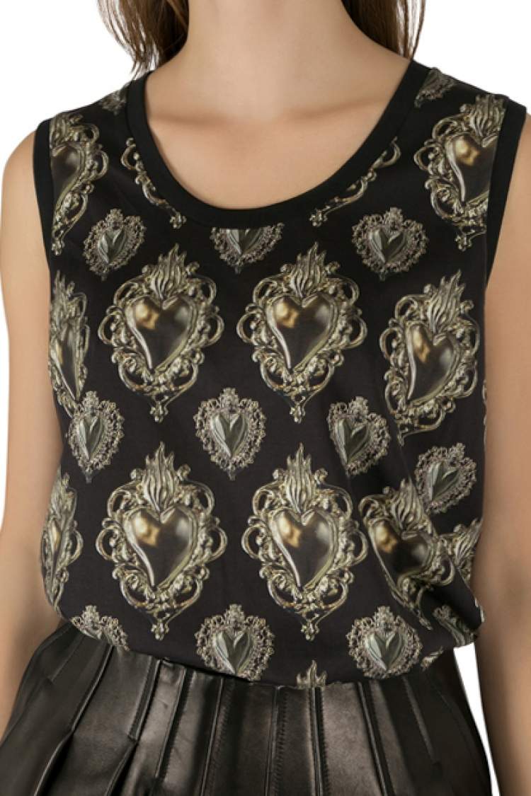 Pre Owned Dolce & Gabbana Black Sacred Heart Printed Cotton Sleeveless Top L