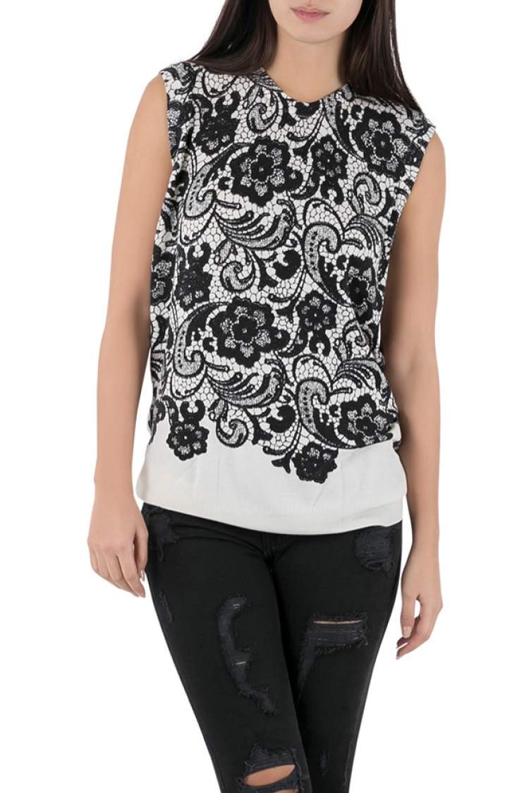 مملوكة مسبقًا Dolce & Gabbana Monochrome Lace Print Wool Sleeveless Top L