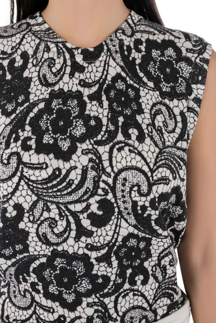 مملوكة مسبقًا Dolce & Gabbana Monochrome Lace Print Wool Sleeveless Top L
