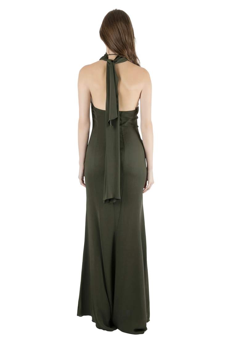Pre Owned Valentino Olive Green Silk Ruffled Neck Halter Maxi Dress S