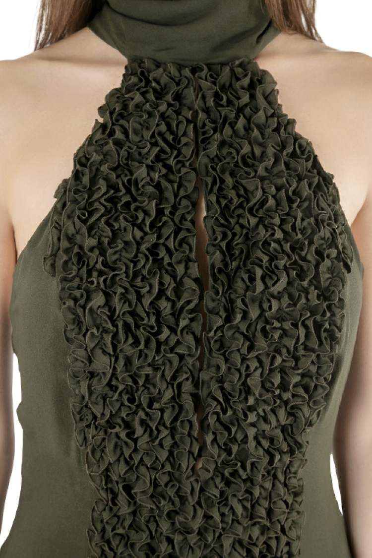 Pre Owned Valentino Olive Green Silk Ruffled Neck Halter Maxi Dress S