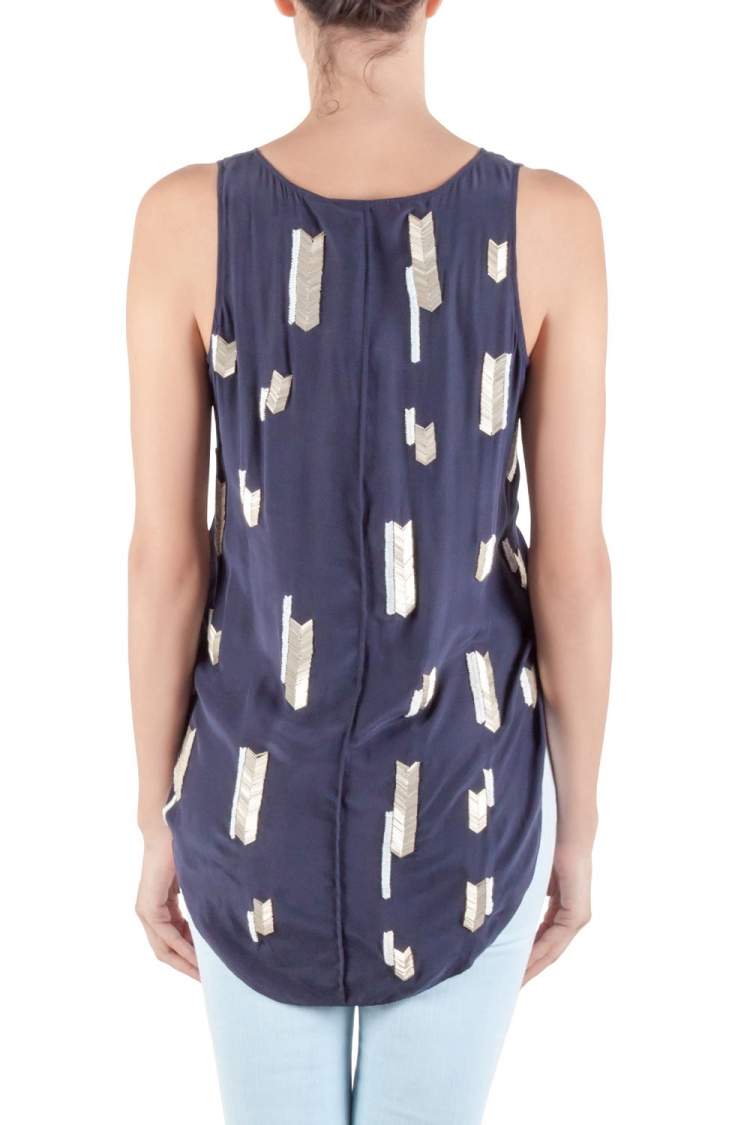 Pre Owned Derek Lam 10 Crosby Midnight Blue Embellsihed Silk Sleeveless High Low Top M