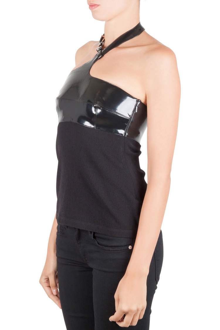 Pre Owned Versace Black Faux Leather Belted Halter Neck Top S