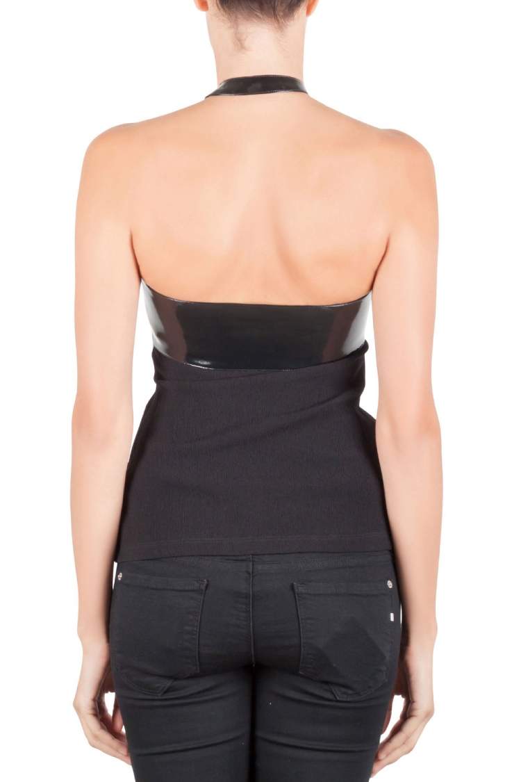 Pre Owned Versace Black Faux Leather Belted Halter Neck Top S