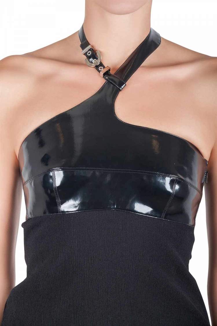 Pre Owned Versace Black Faux Leather Belted Halter Neck Top S