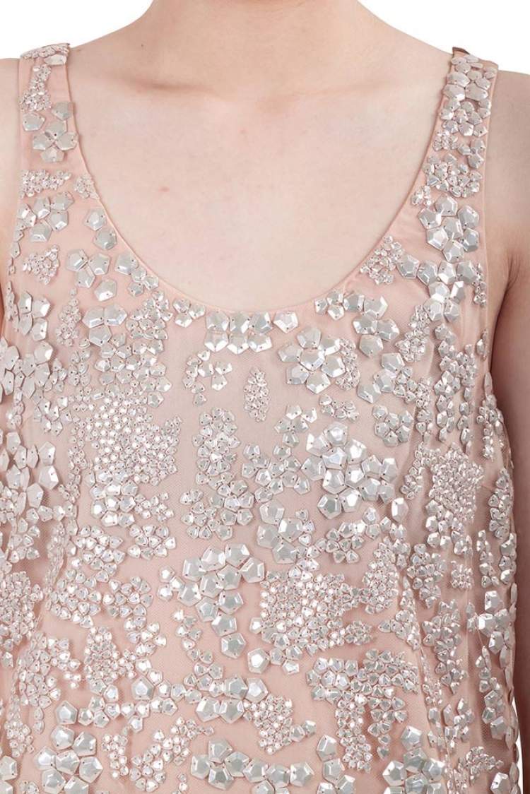 Pre Owned Vera Wang Collection Blush Pink Sequin Embellished Tulle Overlay Sleeveless Top S