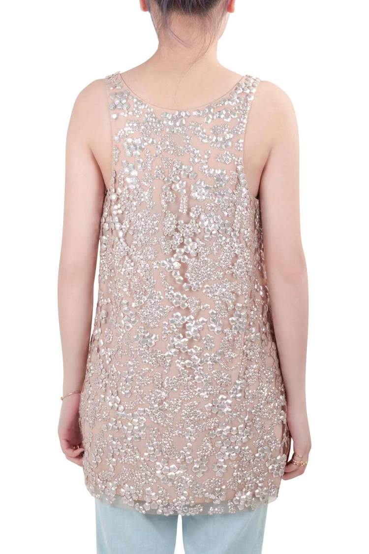 Pre Owned Vera Wang Collection Blush Pink Sequin Embellished Tulle Overlay Sleeveless Top S