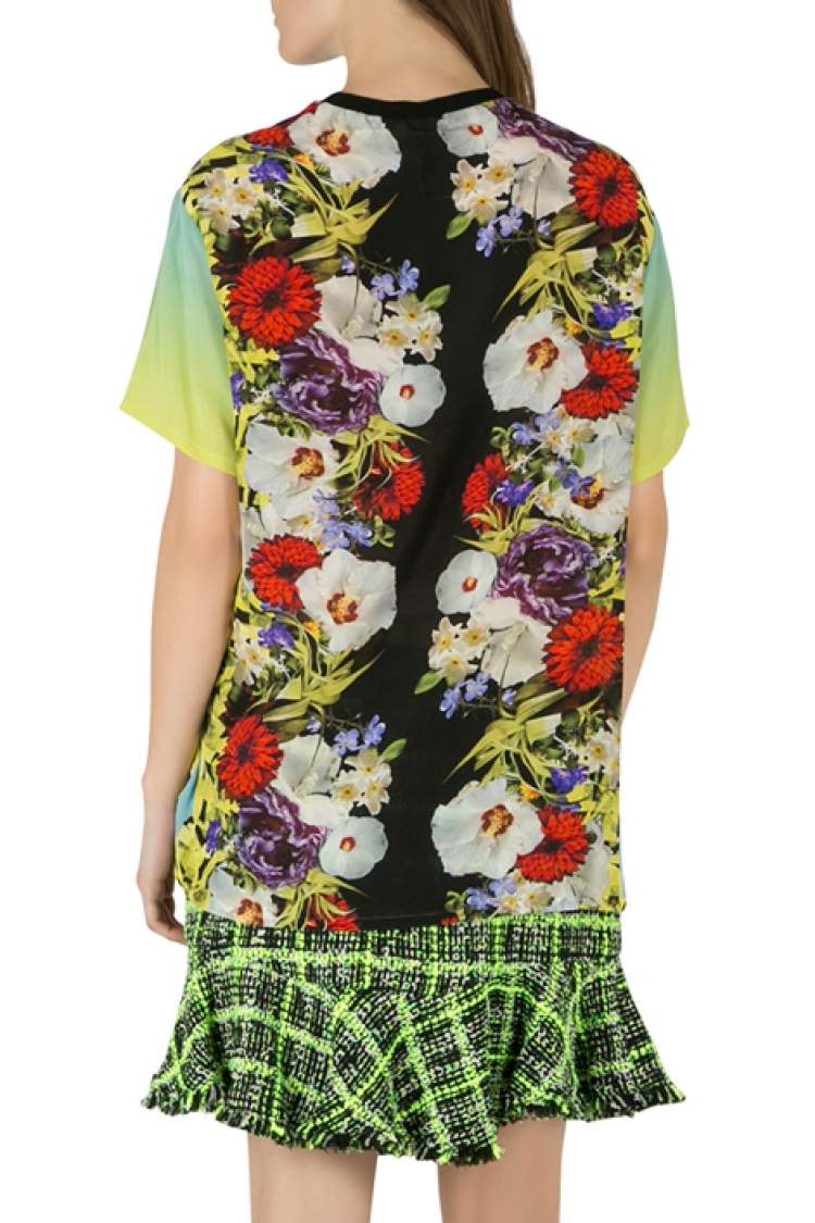 Pre Owned Versace Multicolor Floral Print Silk Ombre Sleeve Detail Crew Neck T Shirt M