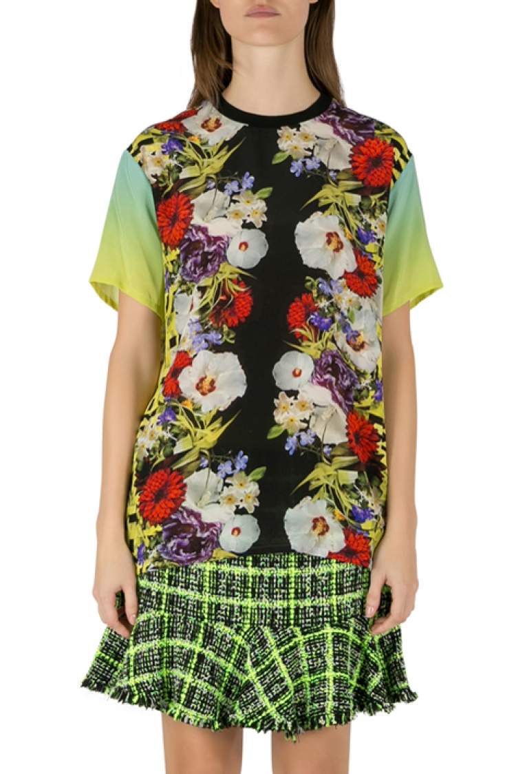 Pre Owned Versace Multicolor Floral Print Silk Ombre Sleeve Detail Crew Neck T Shirt M