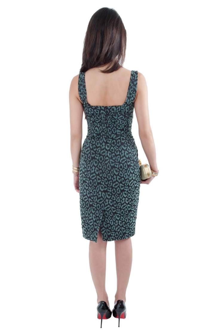 Pre Owned Zac Posen Green Leopard Patterned Jacquard Draped Bustier Dress M