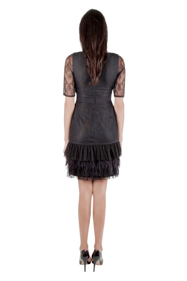 Pre Owned Marchesa Notte Black Lace Ruffle Tiered Hem Feather Insert Cocktail Dress M