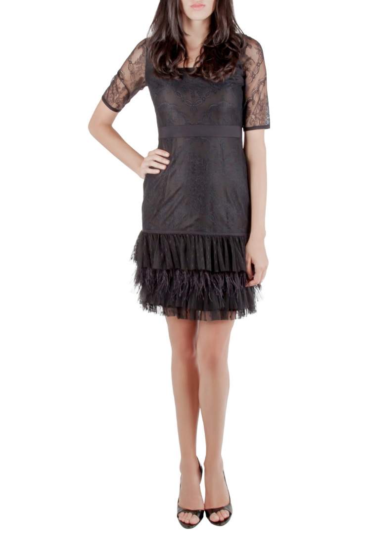 Pre Owned Marchesa Notte Black Lace Ruffle Tiered Hem Feather Insert Cocktail Dress M