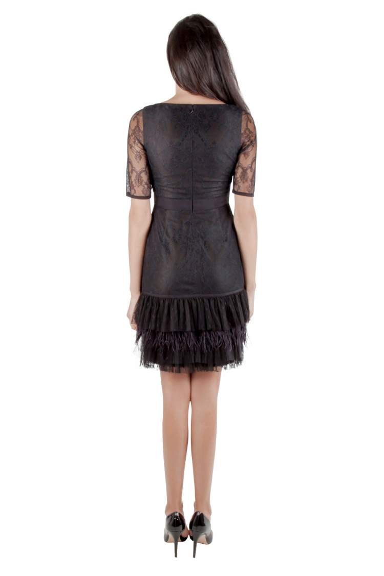 Pre Owned Marchesa Notte Black Lace Ruffle Tiered Hem Feather Insert Cocktail Dress M