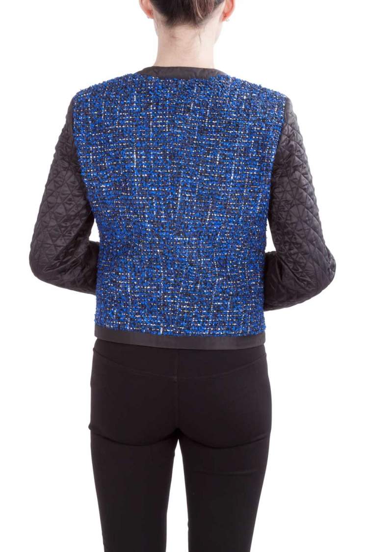 Pre Owned Michael  Kors Blue and Black Tweed Quilted Sleeve Detail Zip Front Jacket S