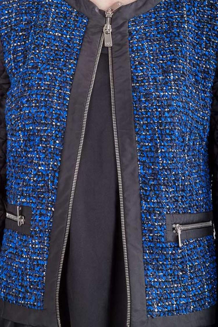 Pre Owned Michael  Kors Blue and Black Tweed Quilted Sleeve Detail Zip Front Jacket S