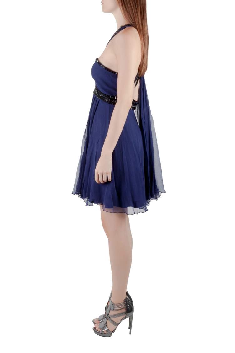 Pre Owned Temperley London Blue Plisse Silk Embellished Strapless Mini Dress M