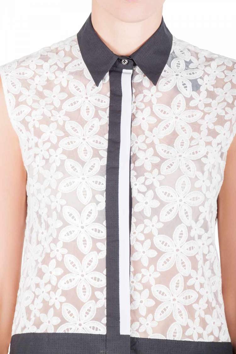 Pre Owned Joseph Off White Sheer Broderie Anglaise Contrast Trim Sleeveless Top M