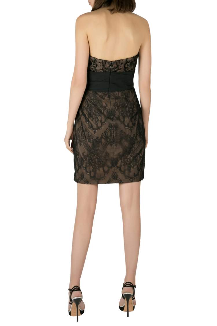 Pre Owned Marchesa Notte Black Sequin Embellished Lace Overlay Strapless Pencil Dress M