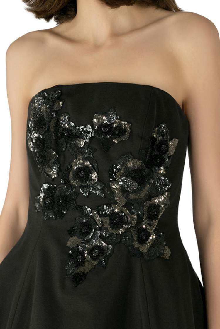 Pre Owned Marchesa Notte Black Cotton Silk Floral Sequined Appliqué Strapless Mini Dress S