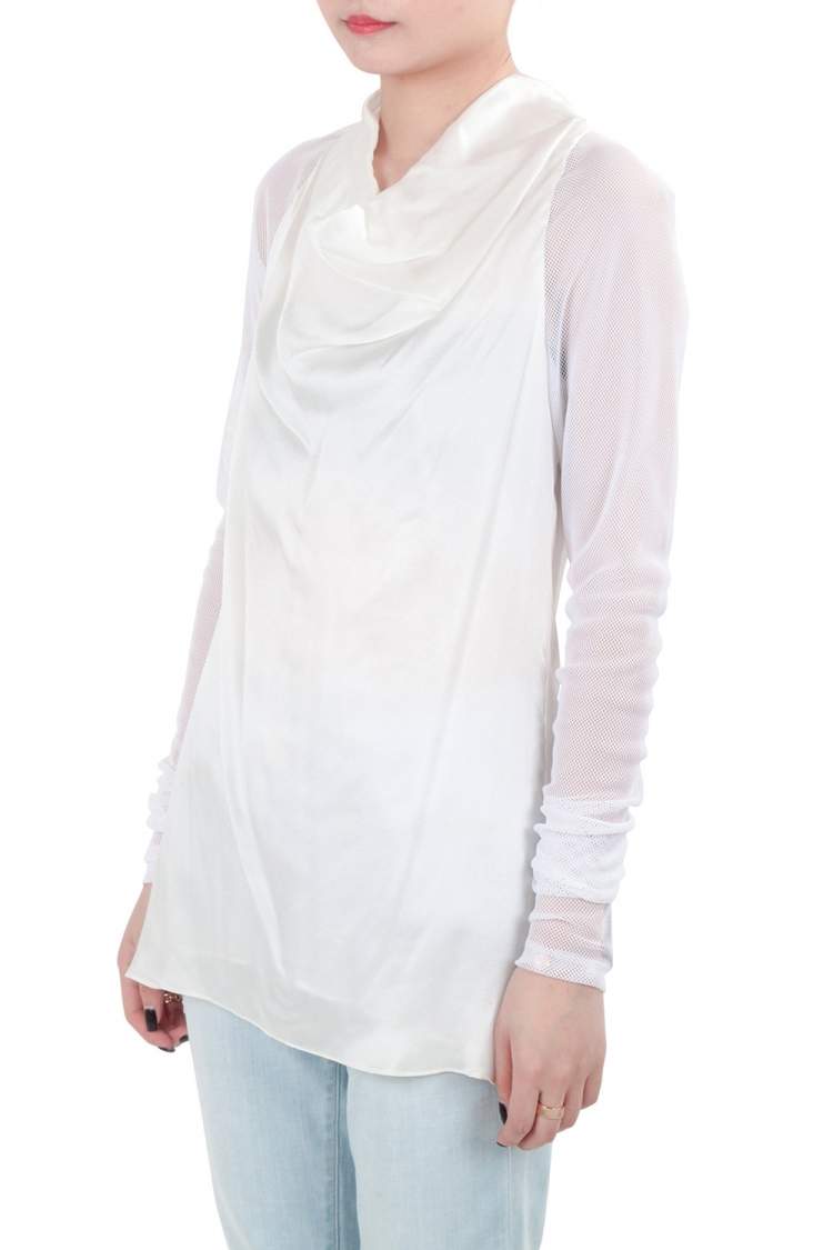 Pre Owned Vera Wang Collection Cream Silk Satin Cowl Neck Mesh Sleeve Blouse XS