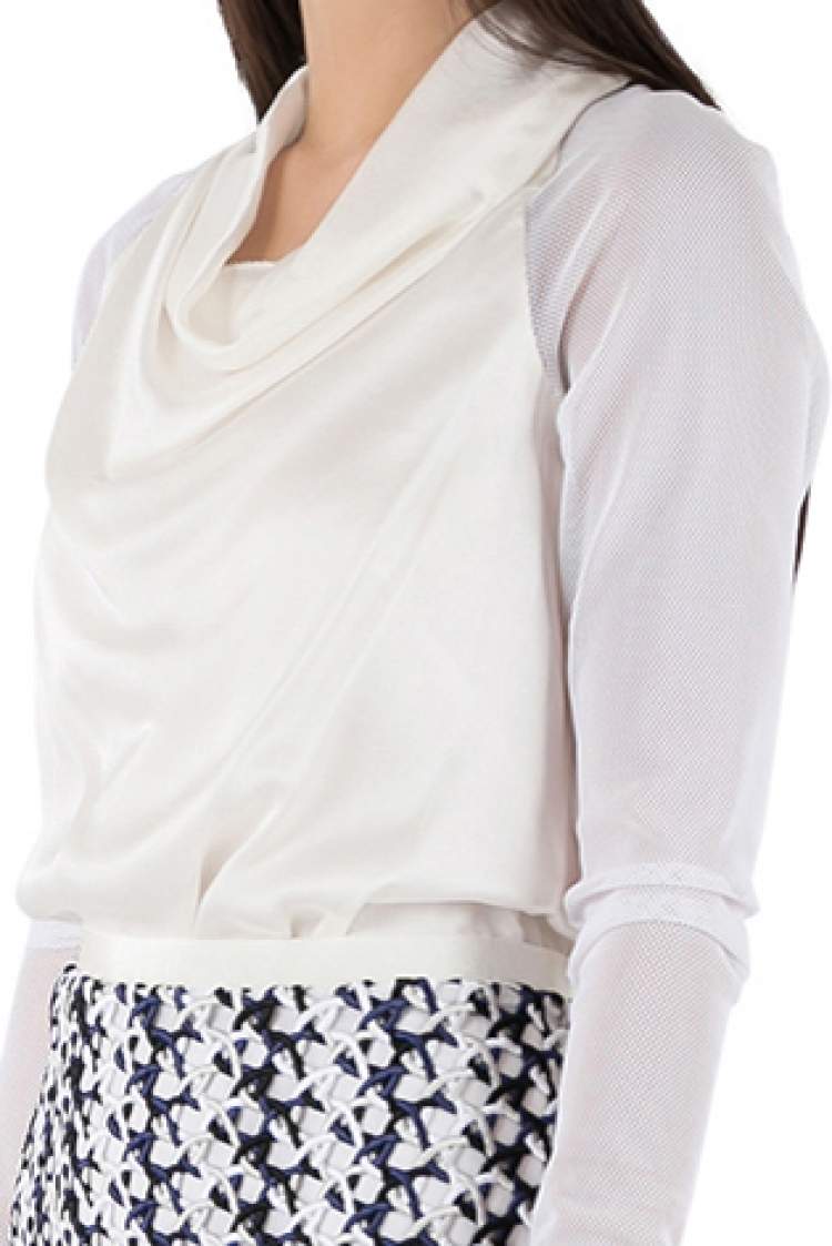 Pre Owned Vera Wang Collection Cream Silk Satin Cowl Neck Mesh Sleeve Blouse S