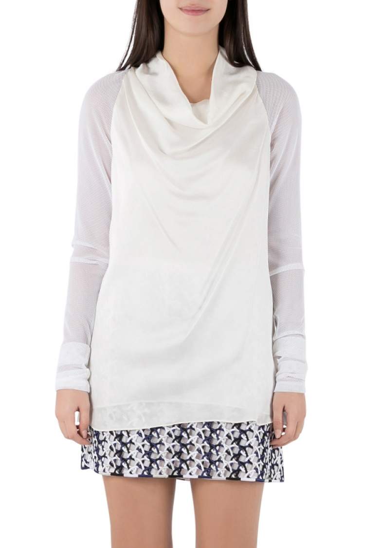 Pre Owned Vera Wang Collection Cream Silk Satin Cowl Neck Mesh Sleeve Blouse S