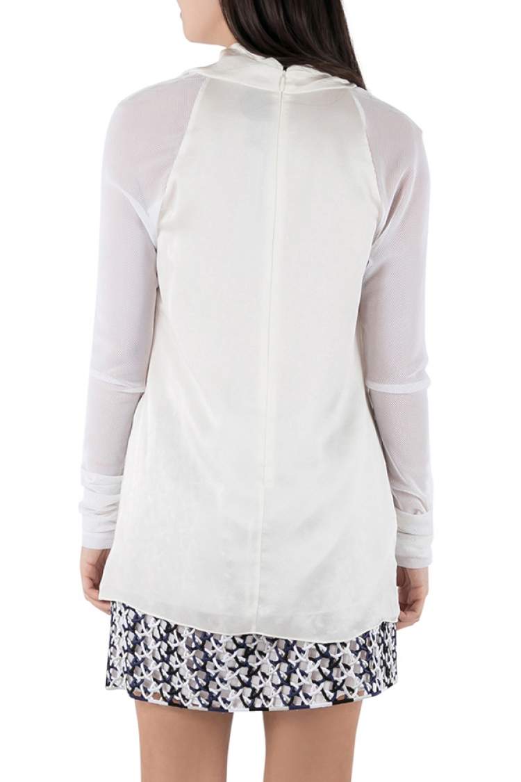 Pre Owned Vera Wang Collection Cream Silk Satin Cowl Neck Mesh Sleeve Blouse S