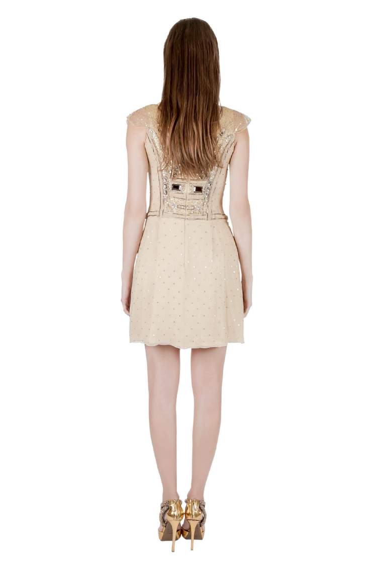 Pre Owned Carolina Herera Beige Plisse Crepe Embellished Tulle Cap Sleeve Dress S