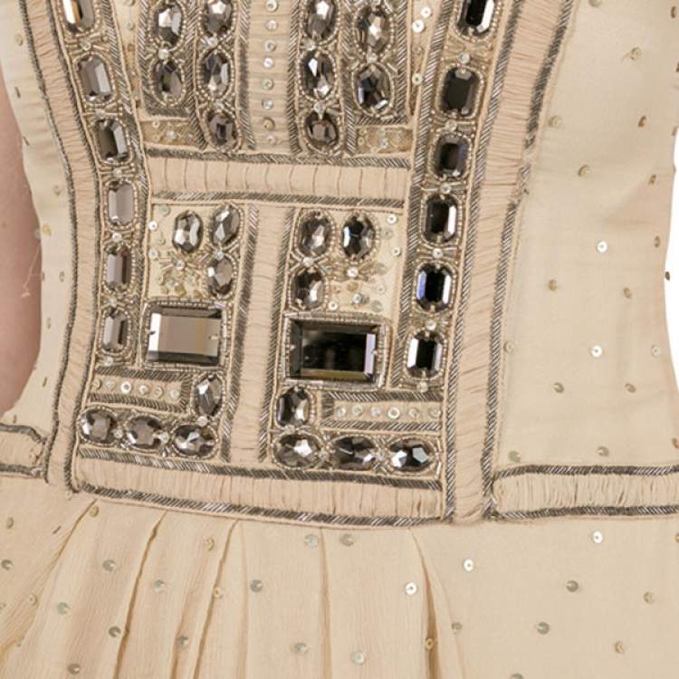 Pre Owned Carolina Herera Beige Plisse Crepe Embellished Tulle Cap Sleeve Dress S