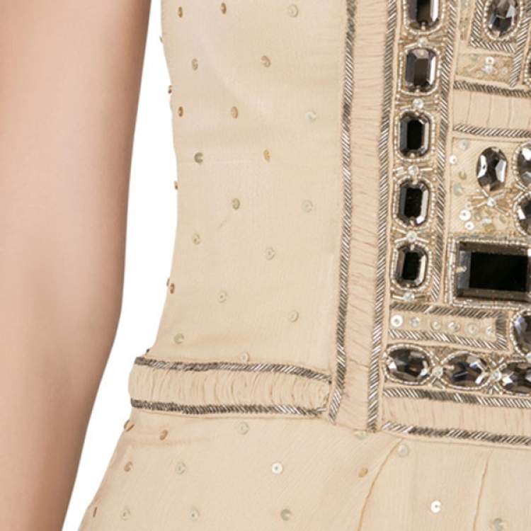 Pre Owned Carolina Herera Beige Plisse Crepe Embellished Tulle Cap Sleeve Dress S