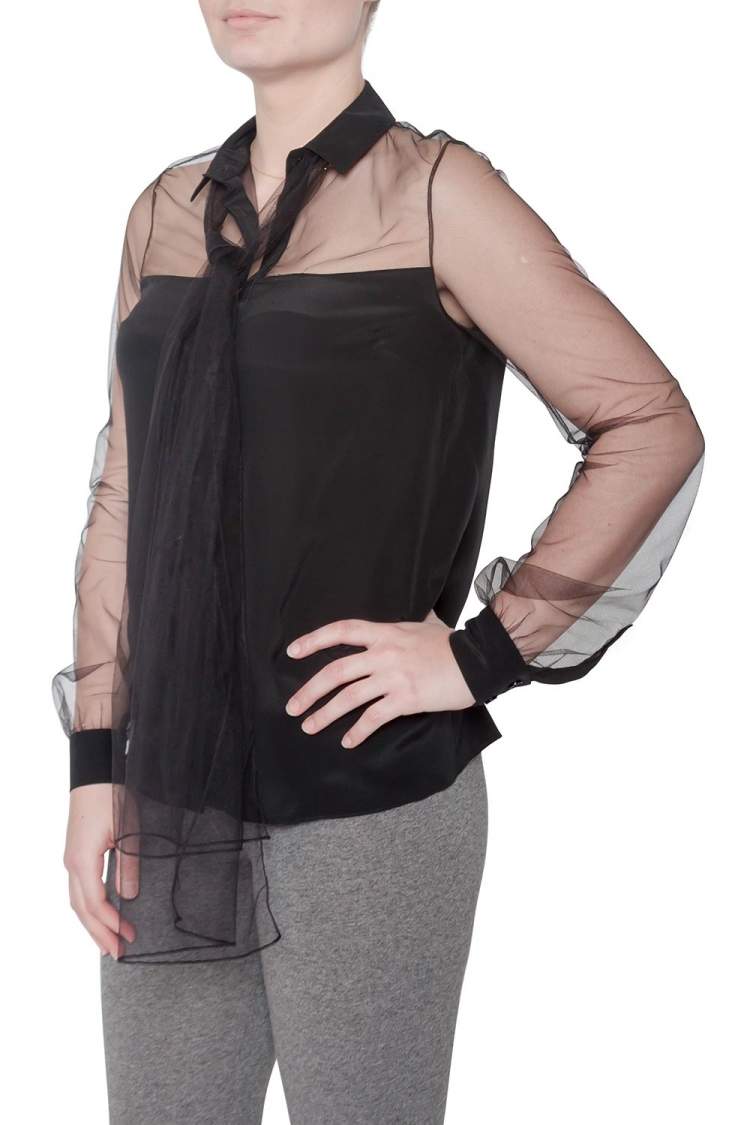 Pre Owned Jason Wu Black Silk Sheer Tulle Trim Bow Tie Concealed Button Front Shirt S