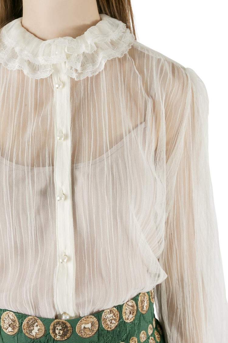 Pre Owned Dolce & Gabbana Off White Sheer Tulle Layered Collar Long Sleeve Shirt M