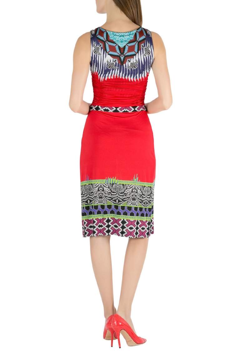 Pre Owned Etro Red Abstract Print Stretch Knit Ruched Front Sleeveless Midi Dress S