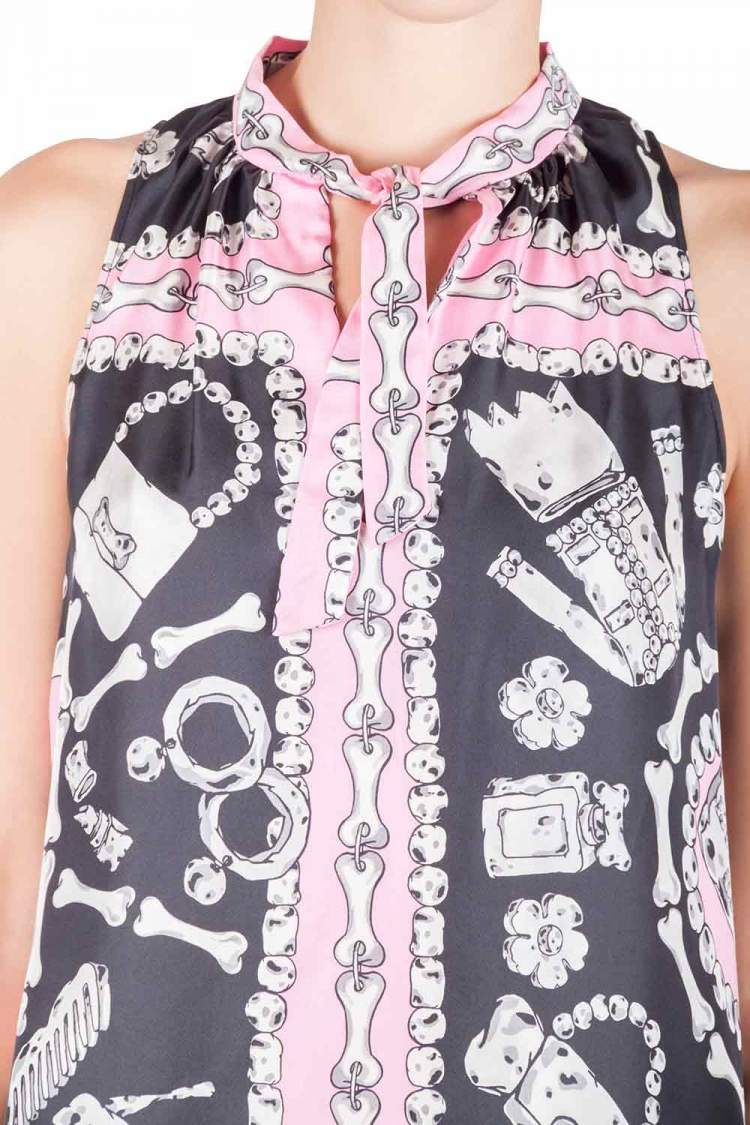 Pre Owned Moschino Cheap and Chic Pink and Black Silk Flinstone Print Detail Top M 