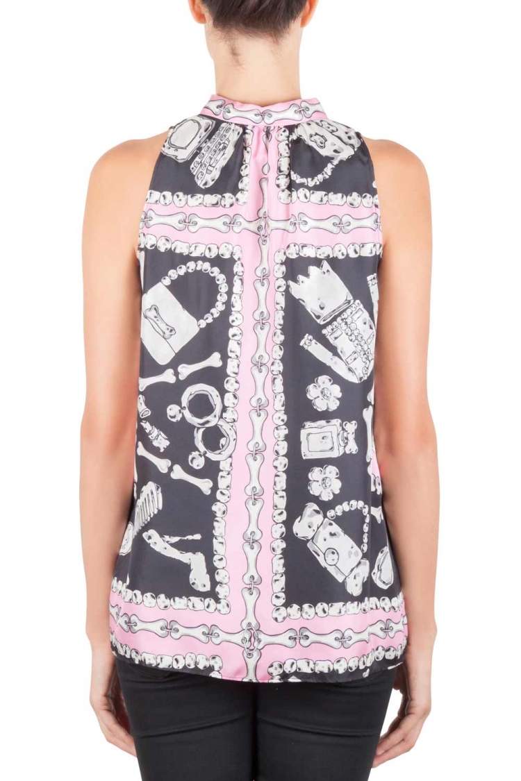 Pre Owned Moschino Cheap and Chic Pink and Black Silk Flinstone Print Detail Top M 