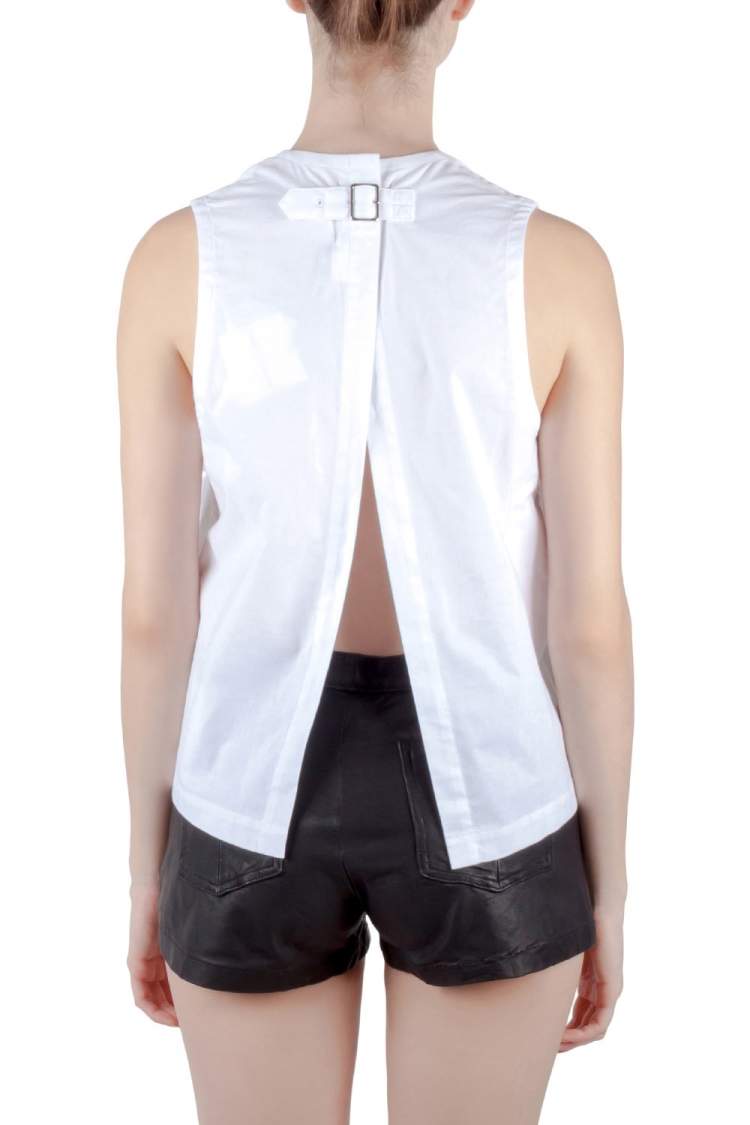 Pre Owned Comme des Garcons White Ruffle Cotton Back Open Buckle Detail Top M 