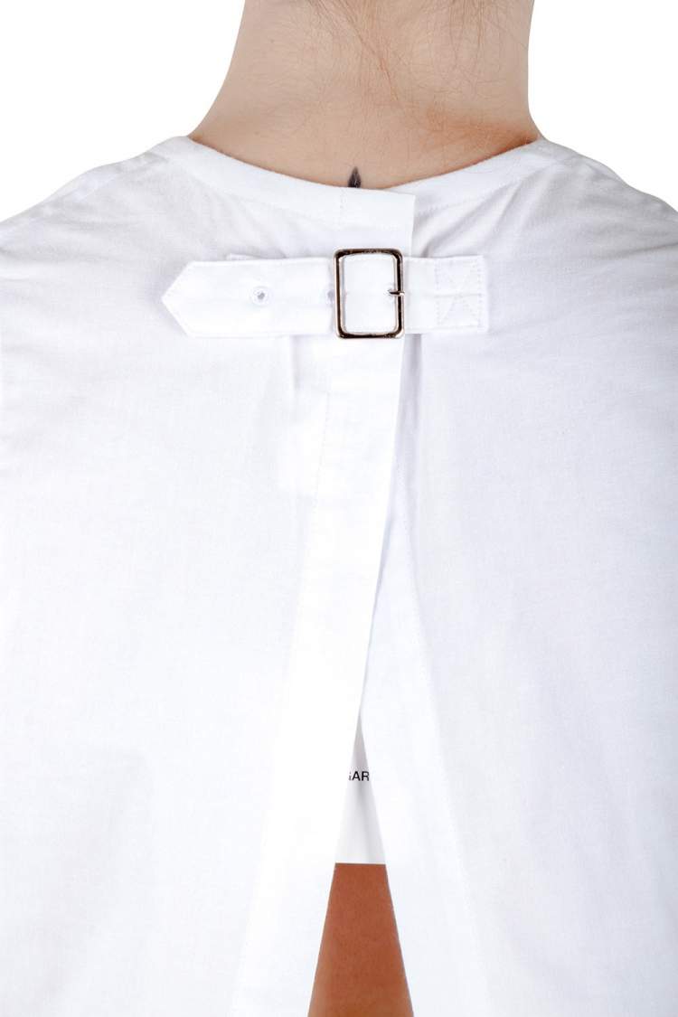 Pre Owned Comme des Garcons White Ruffle Cotton Back Open Buckle Detail Top M 