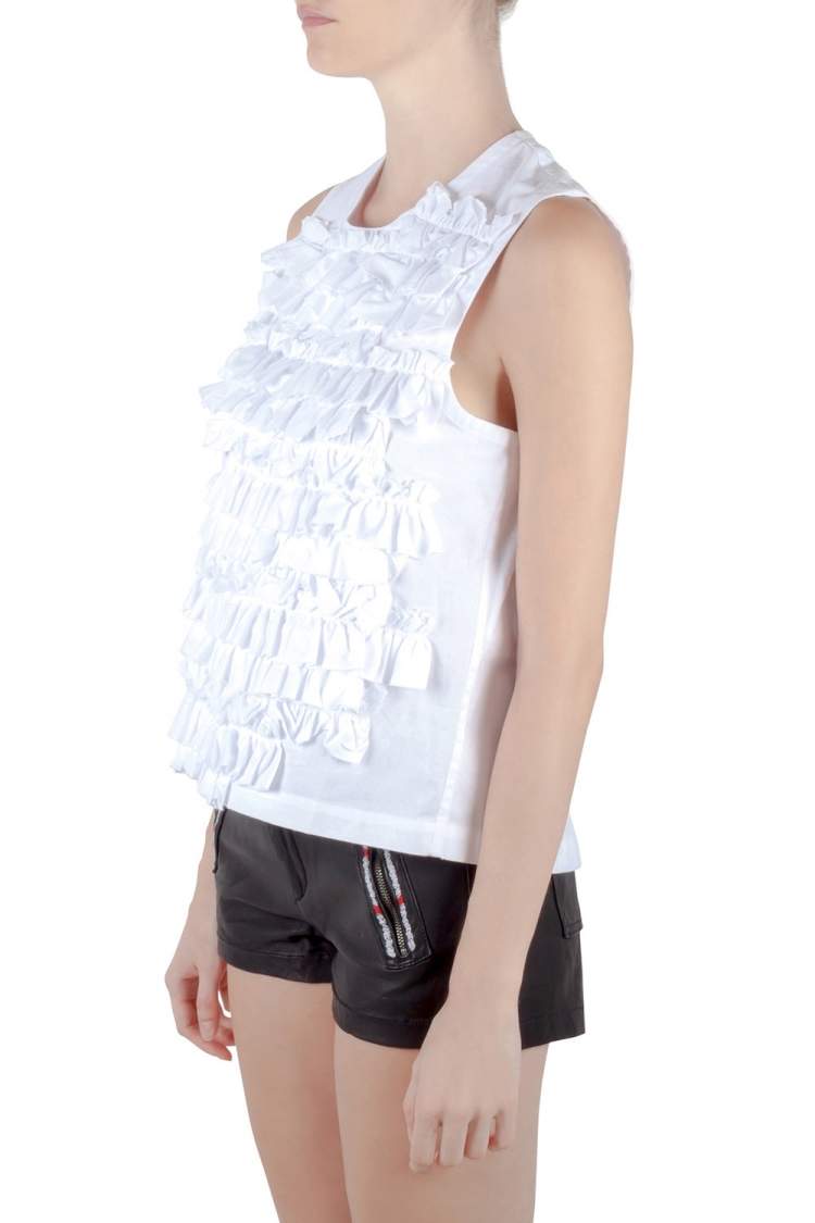 Pre Owned Comme des Garcons White Ruffle Cotton Back Open Buckle Detail Top M 