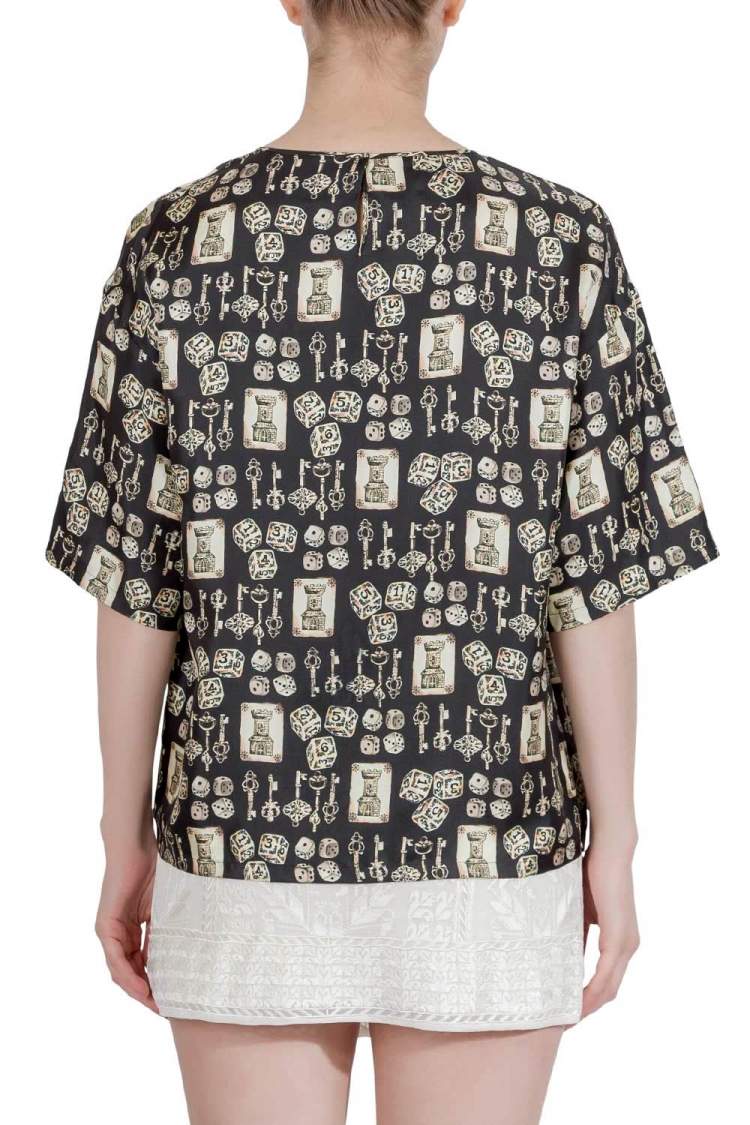 Pre Owned Dolce & Gabbana Black and Beige Dice Key Printed Silk Short Sleeve Top M 