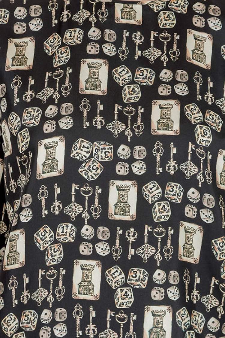 Pre Owned Dolce & Gabbana Black and Beige Dice Key Printed Silk Short Sleeve Top M 