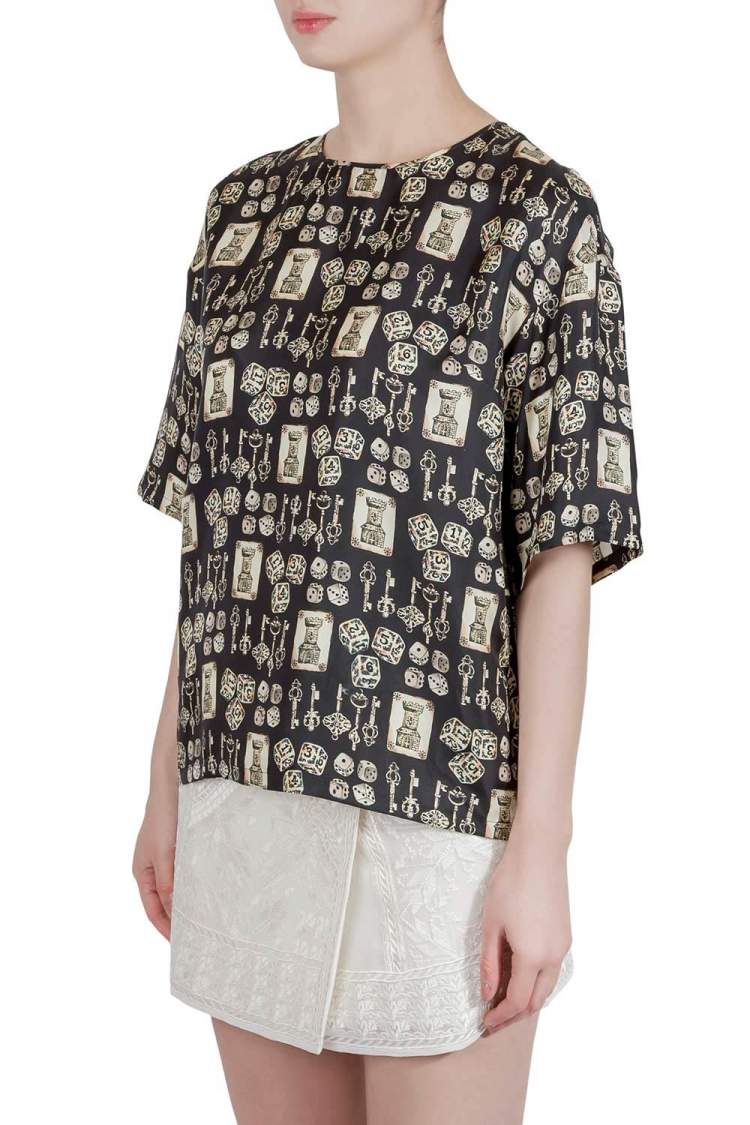Pre Owned Dolce & Gabbana Black and Beige Dice Key Printed Silk Short Sleeve Top M 