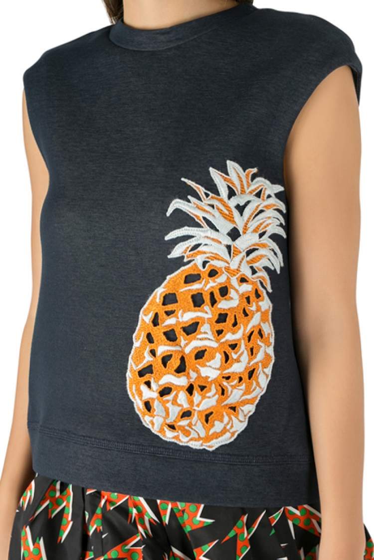 Pre Owned MSGM Indigo Blue Cotton Knit Pineapple Applique Sleeveless Sweatshirt S