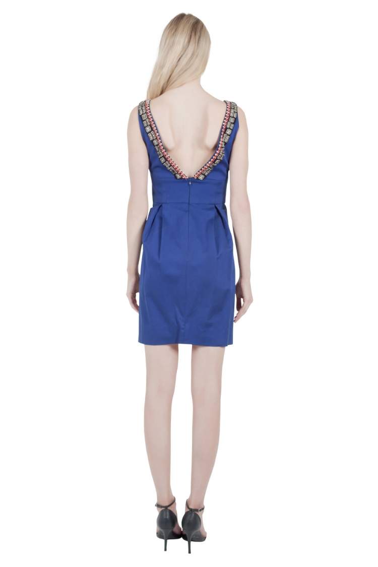 Pre Owned Lela Rose Cobalt Blue Embellished Cut Out Detail Plunge Neck Bodycon Dress XS