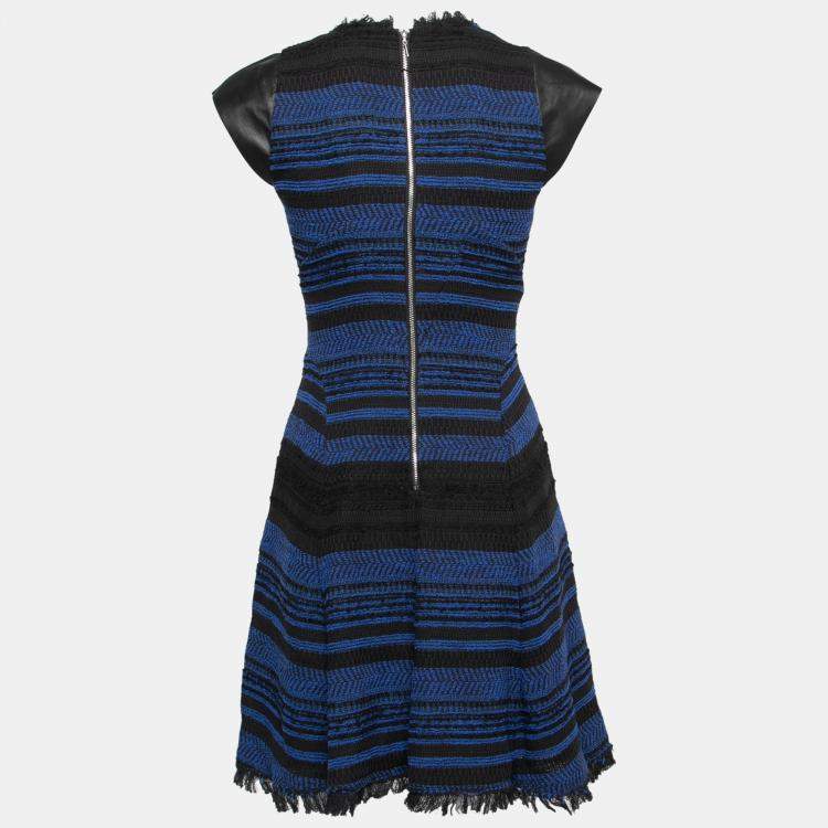 Pre Owned Rebecca Taylor Black and Blue Textured Tweed and Leather Sleeve Dress XS 