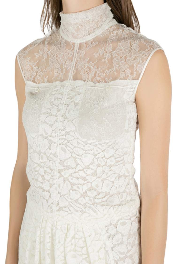 Pre Owned Nina Ricci Ivory Sheer Yoke Lace Turtleneck Dress S