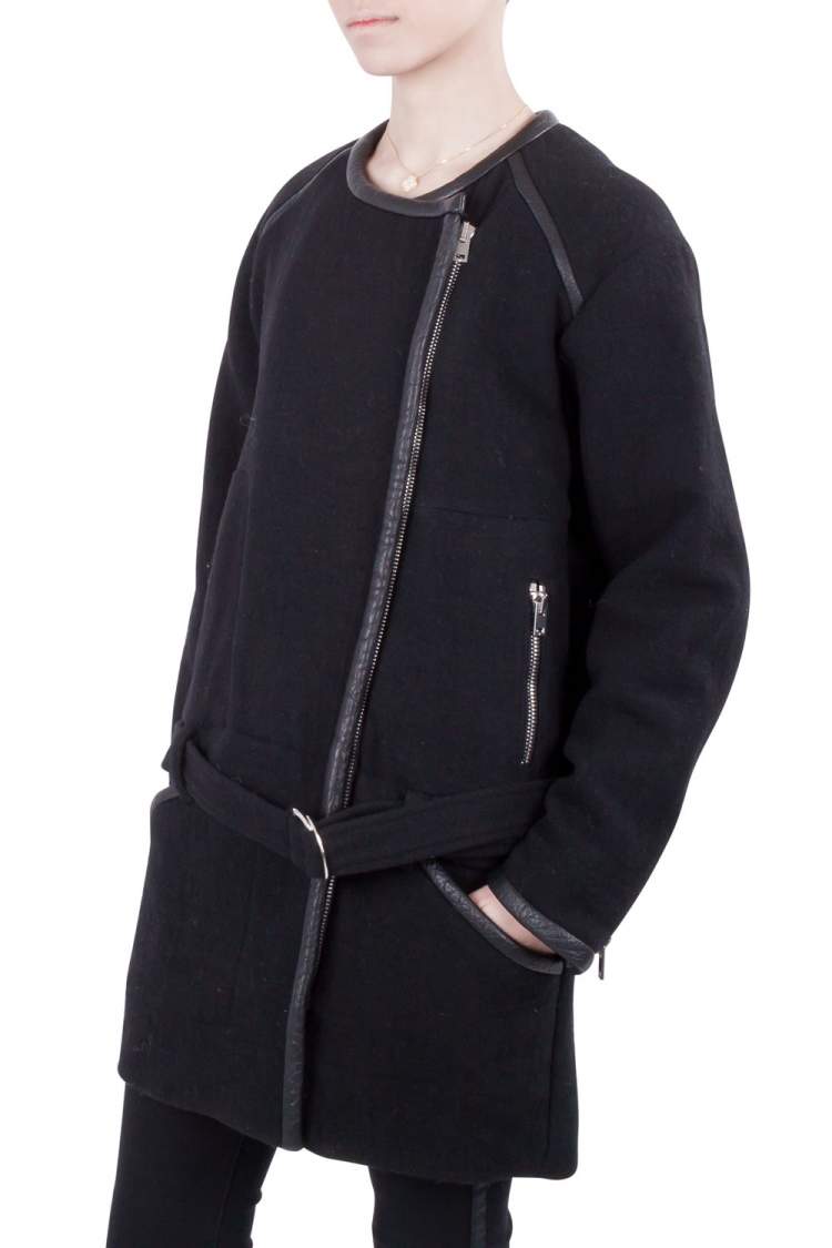 Pre Owned IRO Black Wool and Leather Trimmed Belted Marily Coat M 