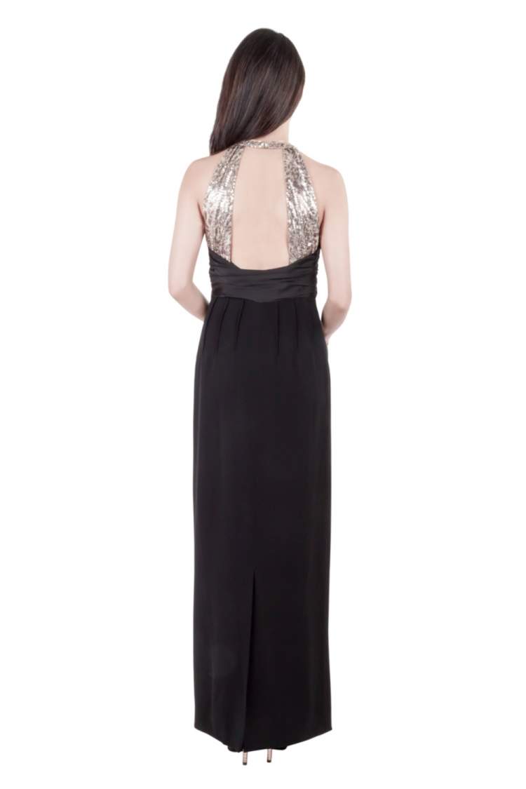 Pre Owned Mikael Aghal Black Crepe and Gold Sequin Embellished Gown S 