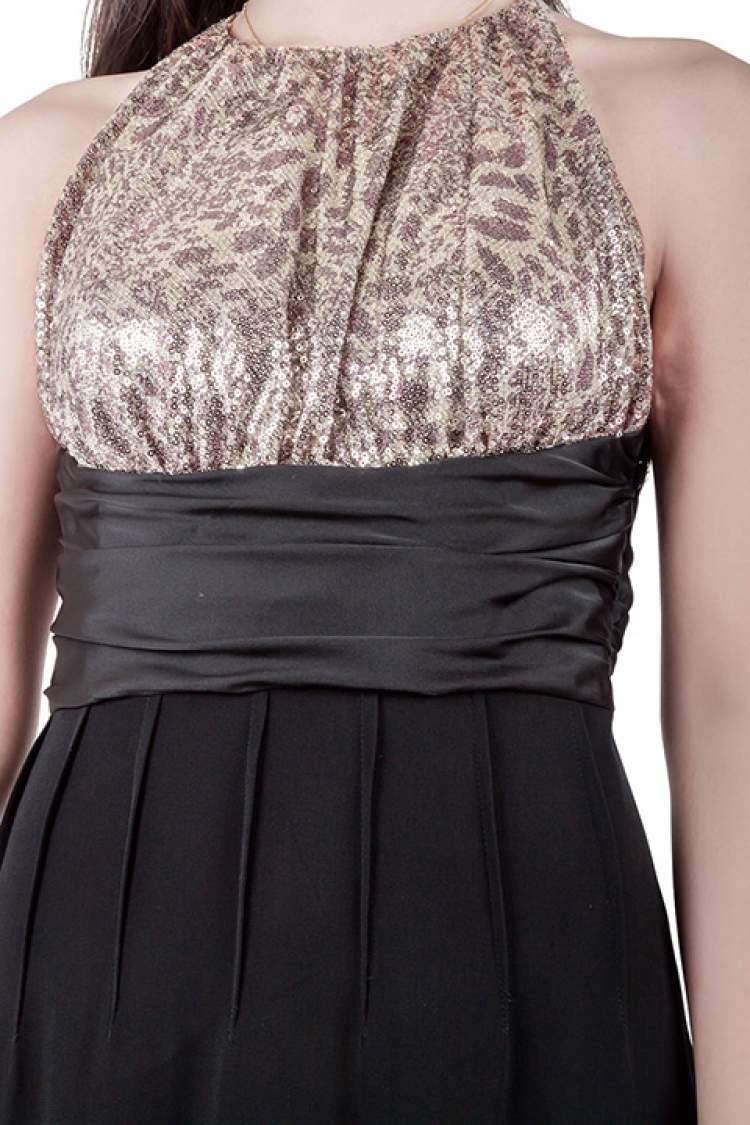 Pre Owned Mikael Aghal Black Crepe and Gold Sequin Embellished Gown S 