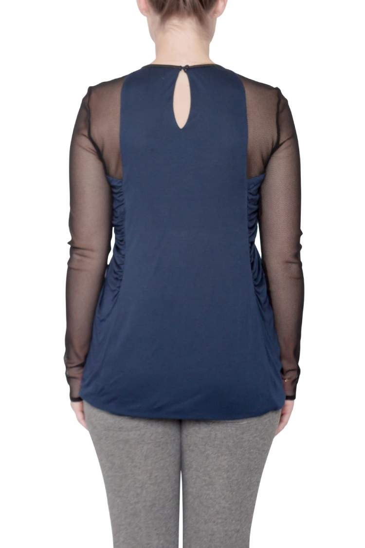 Pre Owned Yigal Azrouel Navy Blue Jersey and Sheer Mesh Detail Long Sleeve Top M 